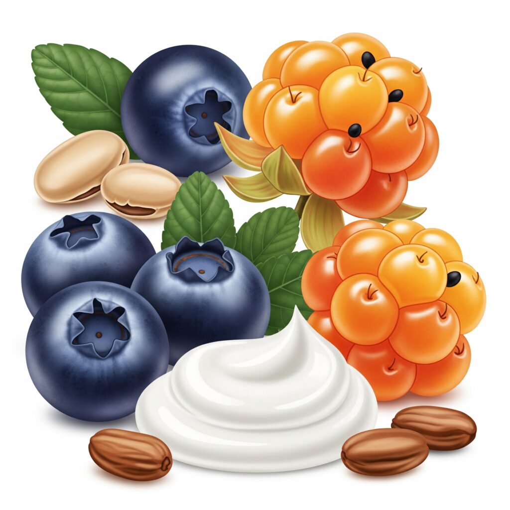 Blueberries, cloudberries and jojoba